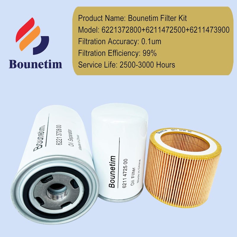 Bounetim Filter Kit 6221372800 Air Oil Separator 6211472500 Oil Filter 6211473900 Air Filter for Screw Air Compressor Replacement Filtration Parts - Image 2